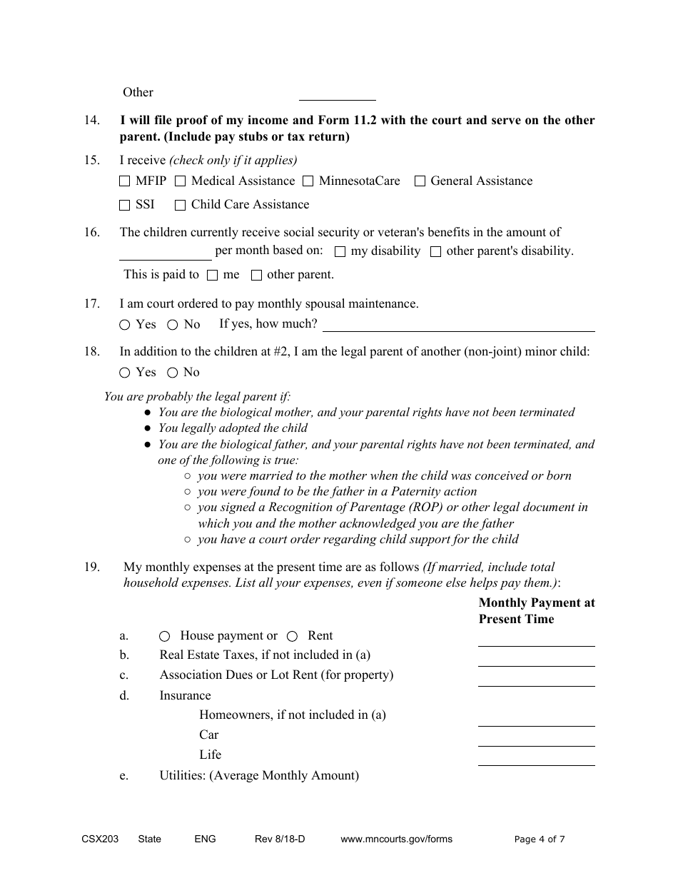 Form CSX203 Affidavit in Support of Motion to Modify Child Support - Minnesota, Page 4