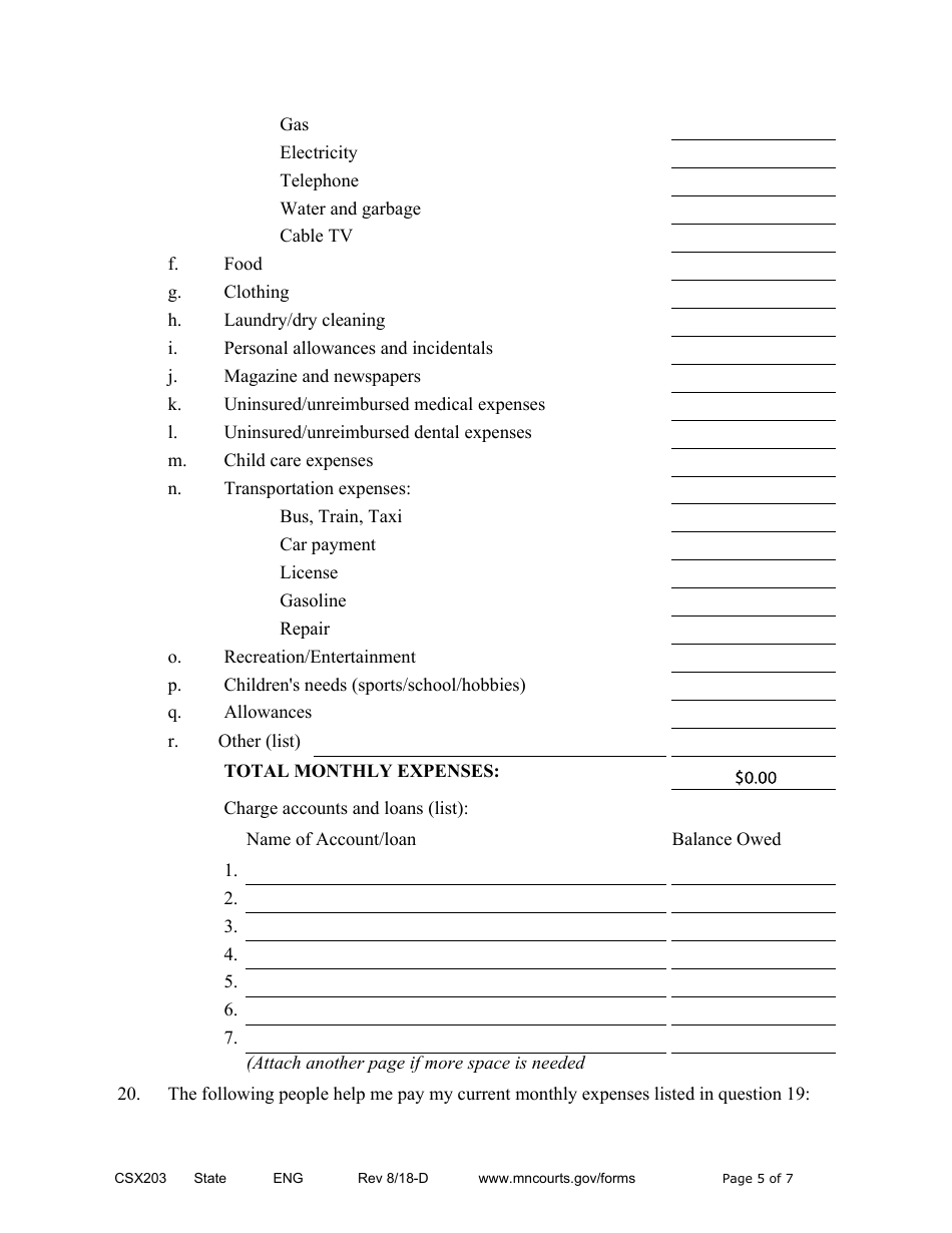 Form CSX203 Affidavit in Support of Motion to Modify Child Support - Minnesota, Page 5