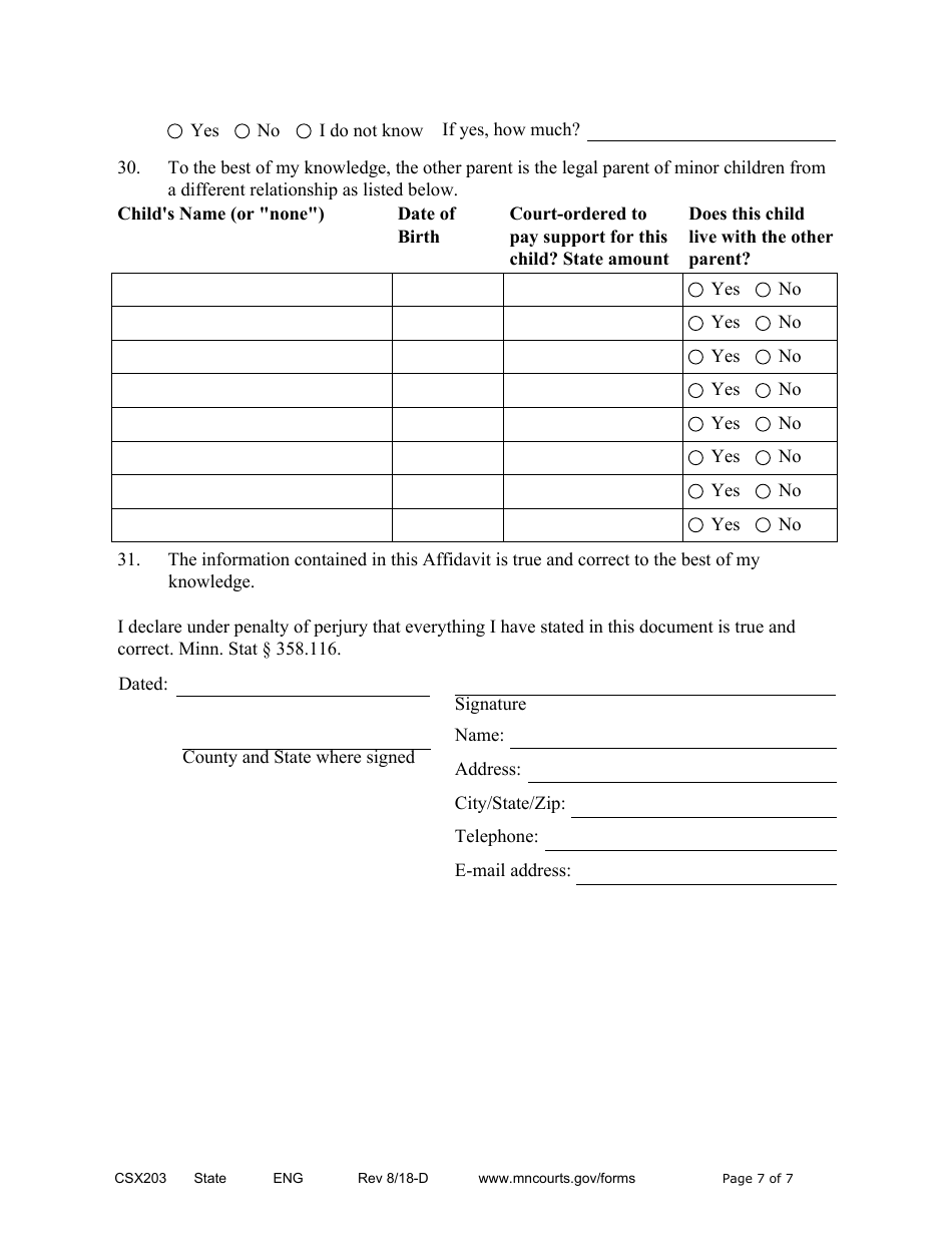 Form CSX203 Affidavit in Support of Motion to Modify Child Support - Minnesota, Page 7
