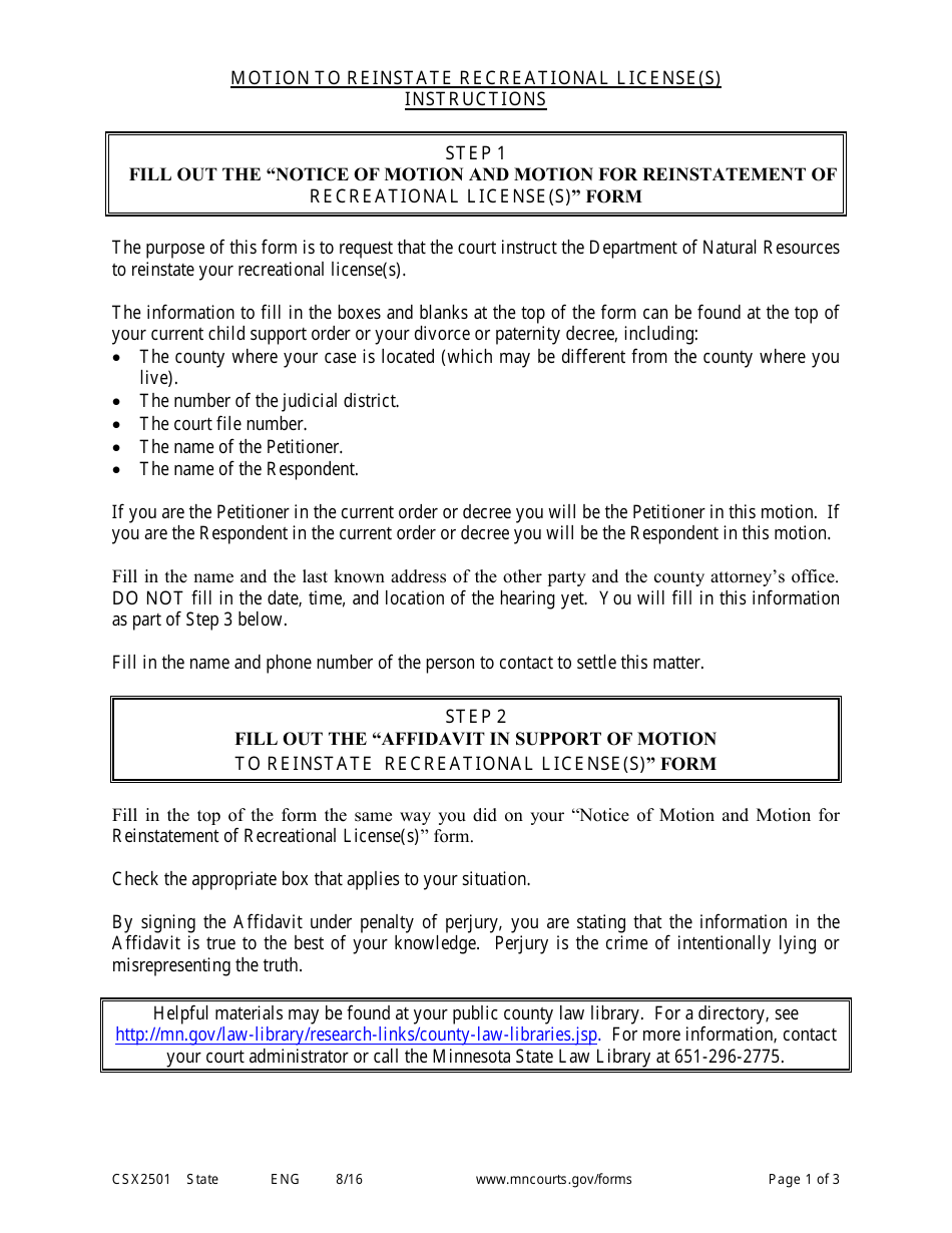 Form CSX2501 Instructions for Motion to Reinstate Recreational Licenses - Minnesota, Page 1