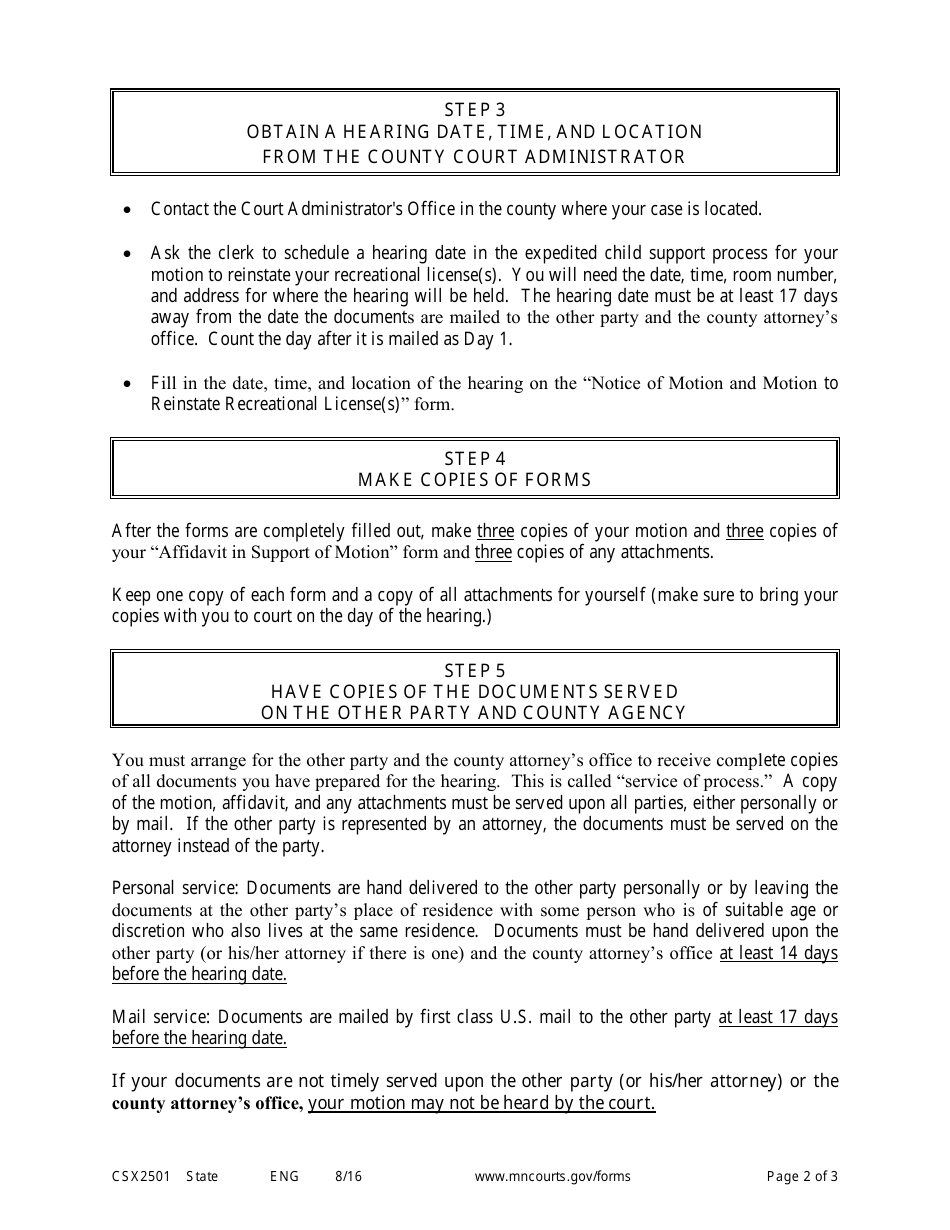 Form CSX2501 Instructions for Motion to Reinstate Recreational Licenses - Minnesota, Page 2