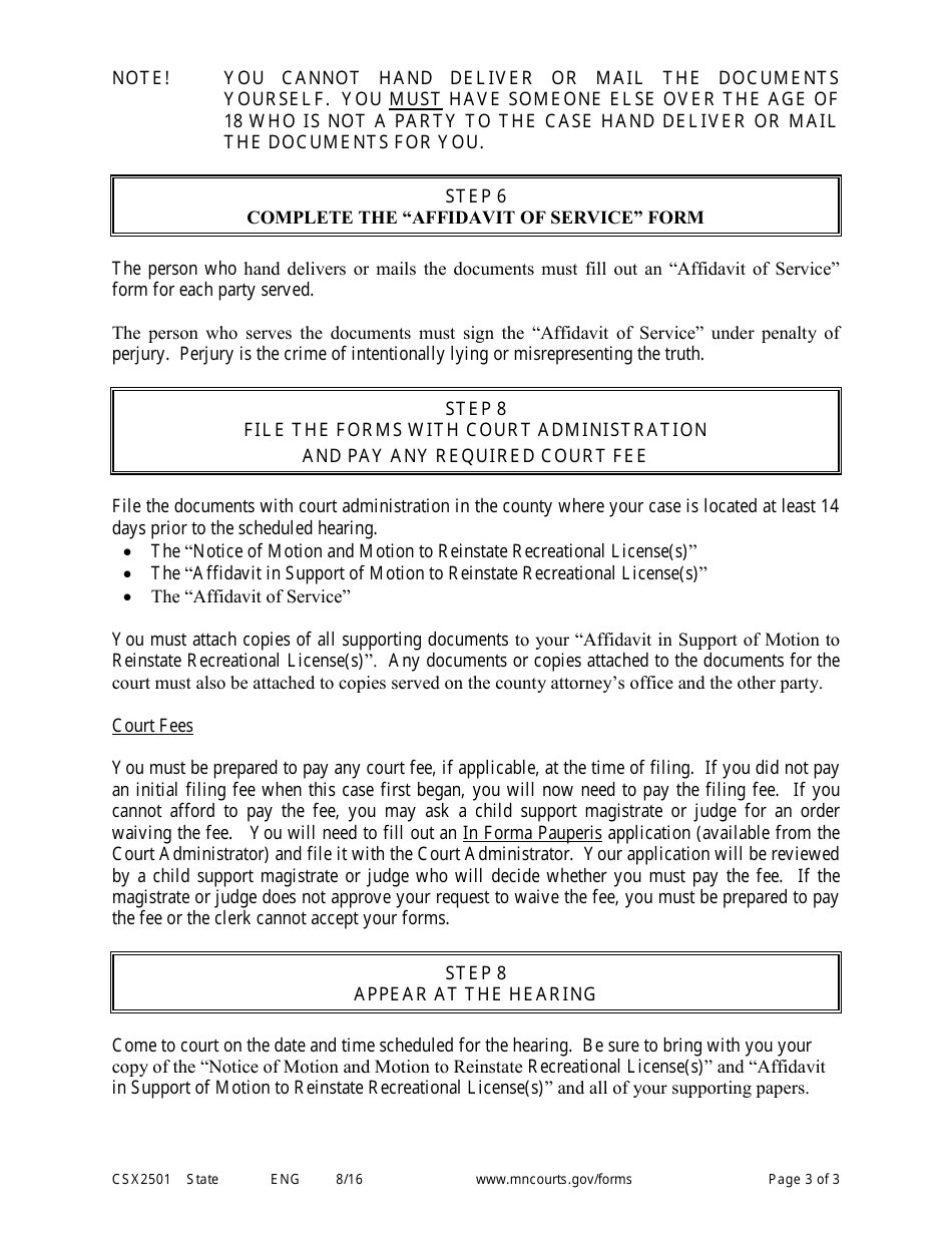 Form CSX2501 Instructions for Motion to Reinstate Recreational Licenses - Minnesota, Page 3