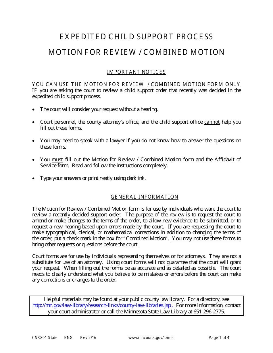 Form CSX801 Instructions for Motion for Review / Combined Motion - Expedited Child Support Process - Minnesota, Page 1