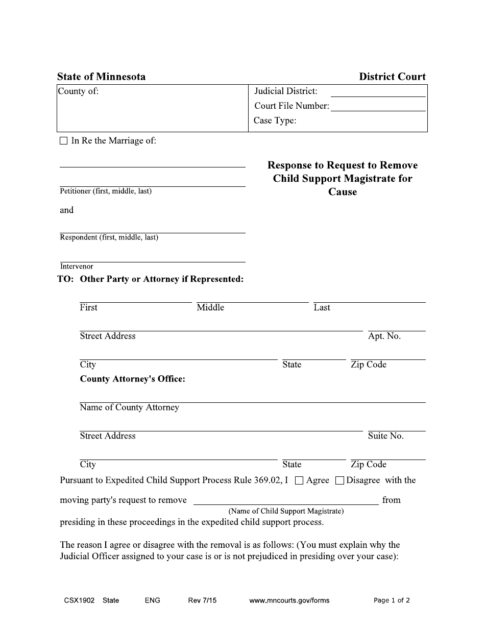 Form CSX1902 Response to Request to Remove Child Support Magistrate for Cause - Minnesota, Page 1