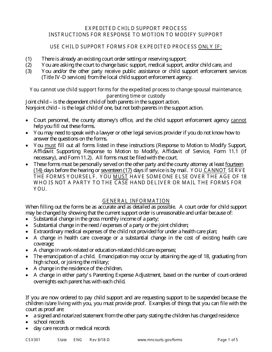 Form CSX301 Instructions for Response to Motion to Modify Support - Minnesota, Page 1