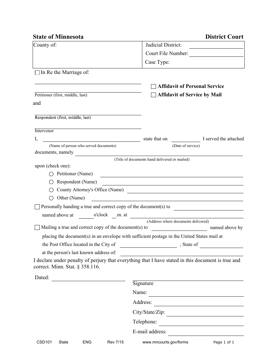 Form CSD101 Affidavit of Service - Minnesota, Page 1