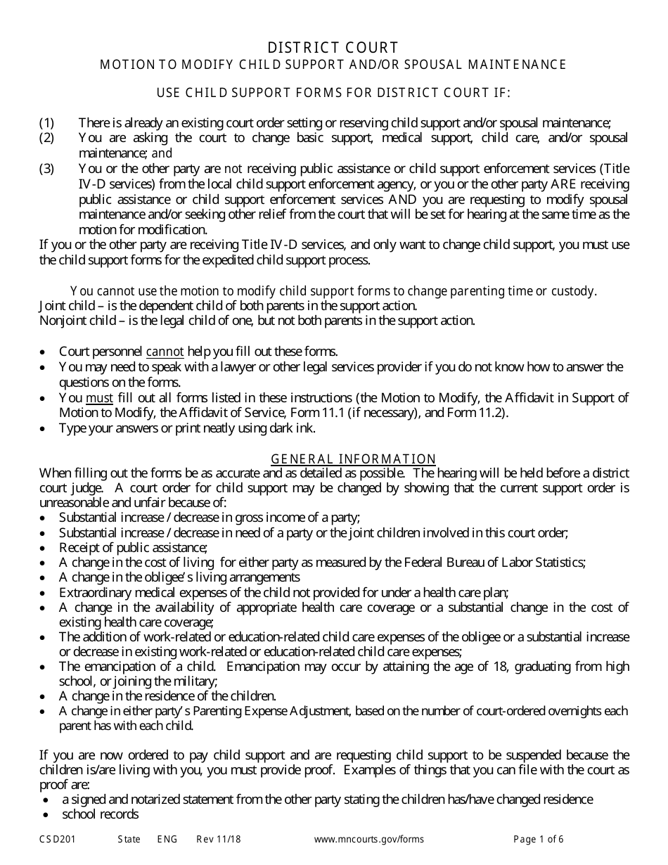 Instructions for Form CSD202 Notice of Motion and Motion to Modify Child Support and / or Spousal Maintenance - Minnesota, Page 1