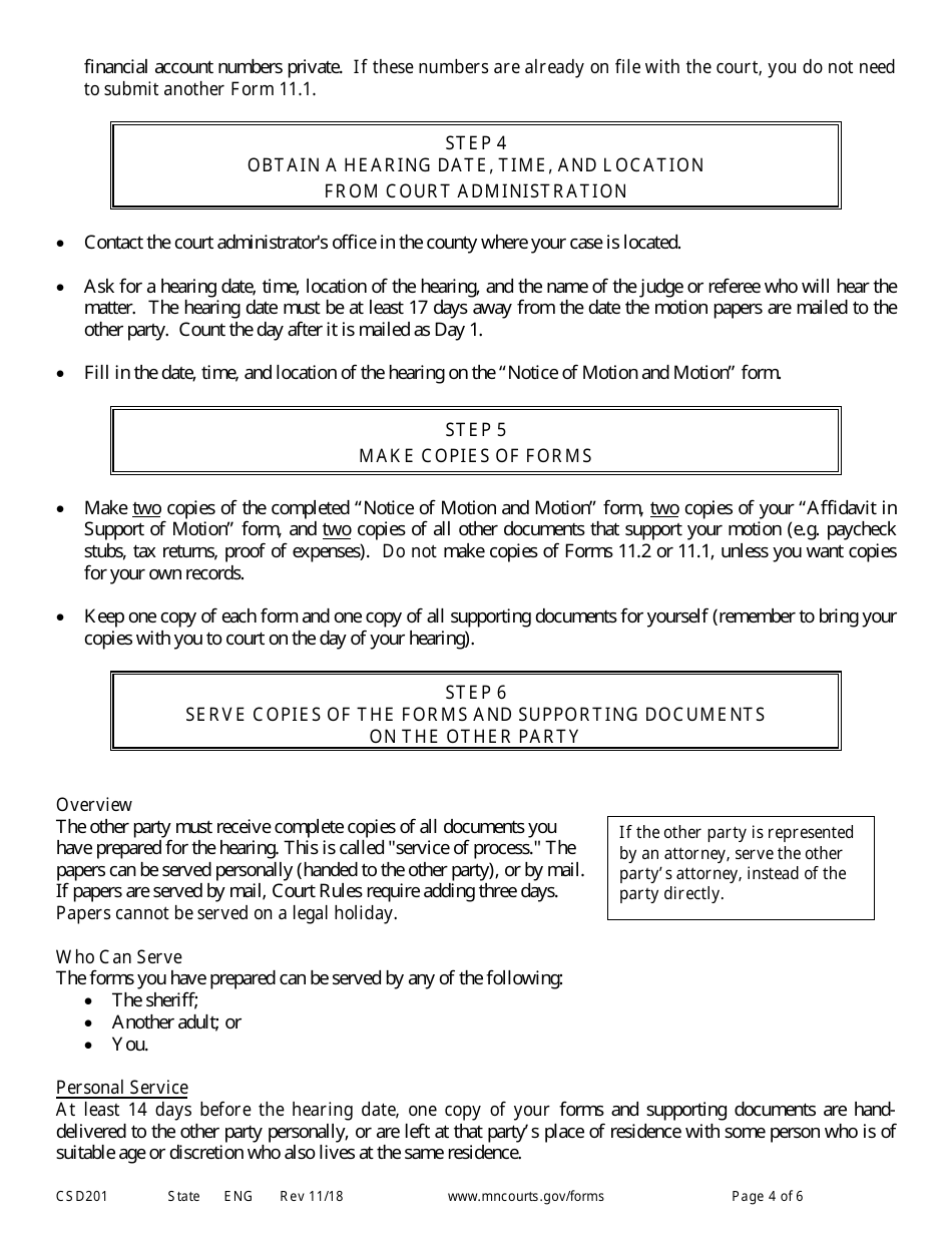 Instructions for Form CSD202 Notice of Motion and Motion to Modify Child Support and / or Spousal Maintenance - Minnesota, Page 4