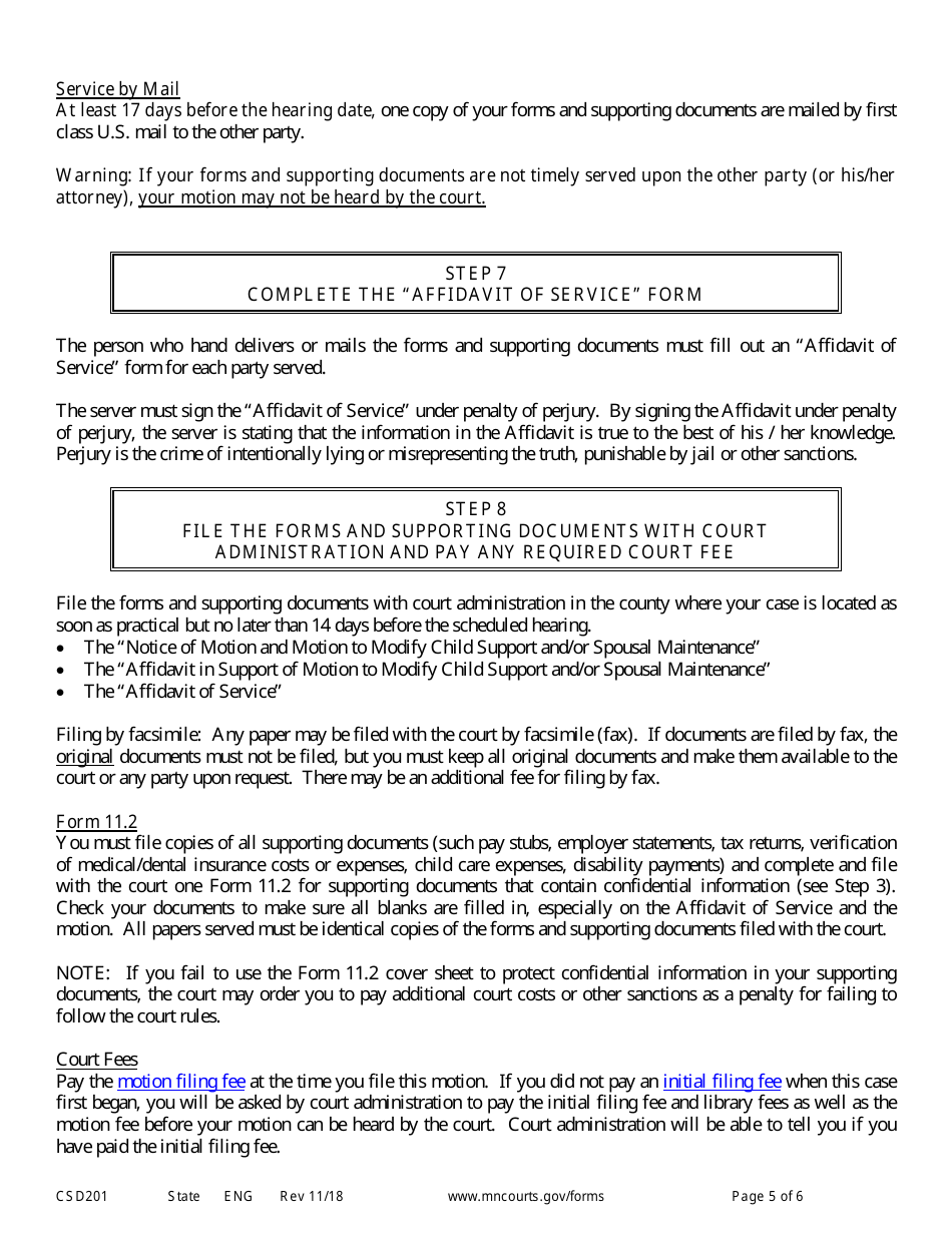 Instructions for Form CSD202 Notice of Motion and Motion to Modify Child Support and / or Spousal Maintenance - Minnesota, Page 5