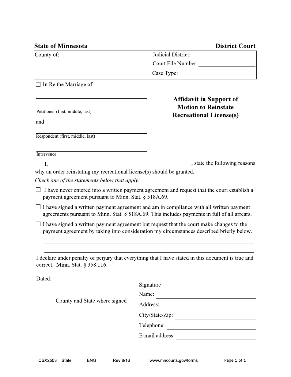 Form CSX2503 Affidavit in Support of Motion to Reinstate Recreational License(S) - Minnesota, Page 1
