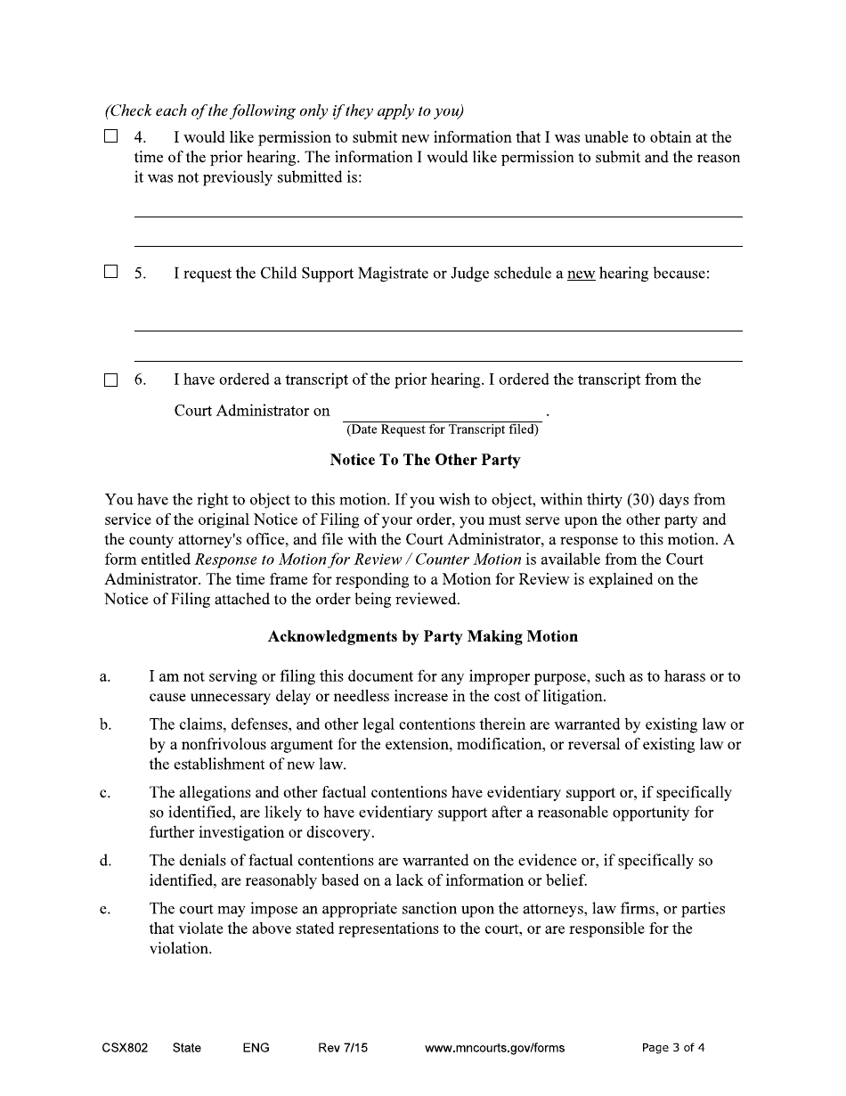 Form CSX802 Motion for Review - Minnesota, Page 3