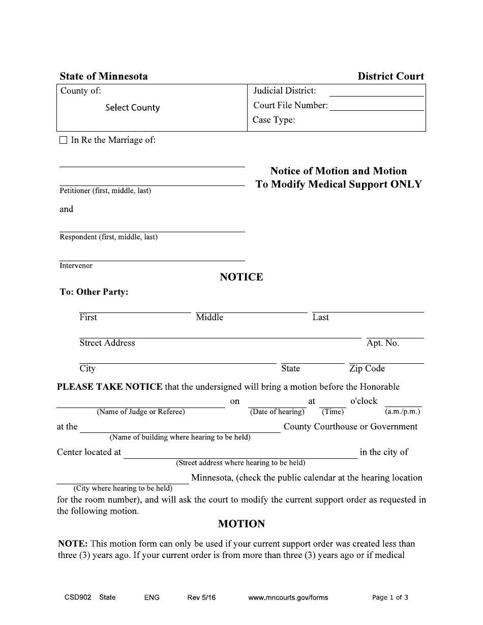 Form CSD902 Notice of Motion and Motion to Modify Medical Support Only - Minnesota, Page 1