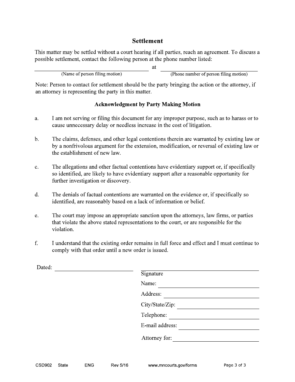 Form CSD902 Notice of Motion and Motion to Modify Medical Support Only - Minnesota, Page 3