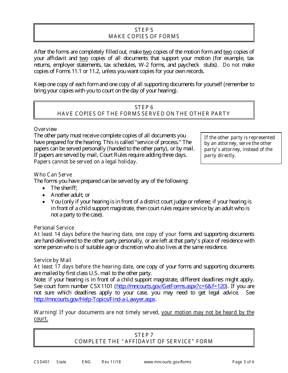 Form CSD401 Notice of Motion and Motion to Stop Cost of Living Adjustment Instructions - Minnesota, Page 3