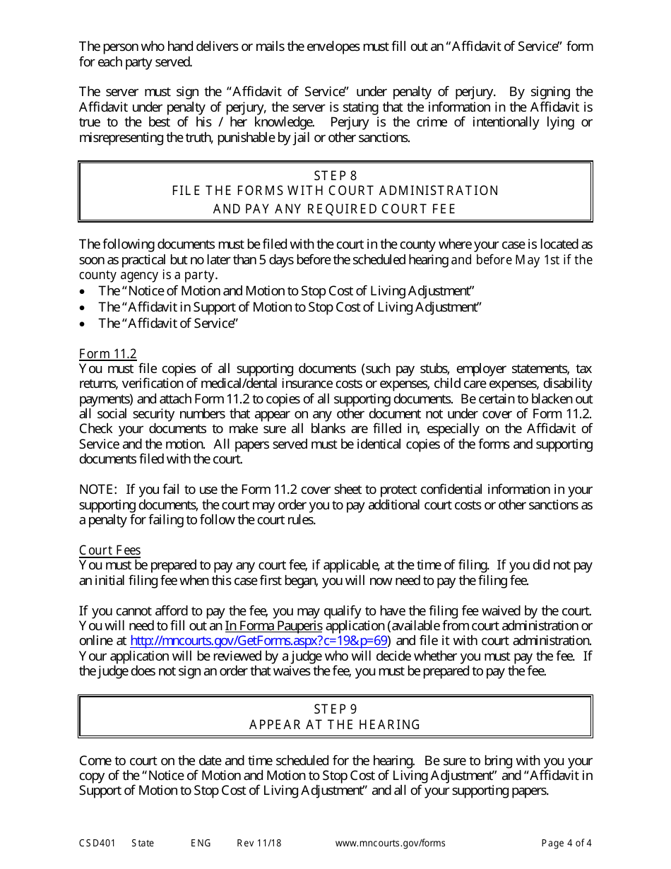 Form CSD401 Notice of Motion and Motion to Stop Cost of Living Adjustment Instructions - Minnesota, Page 4