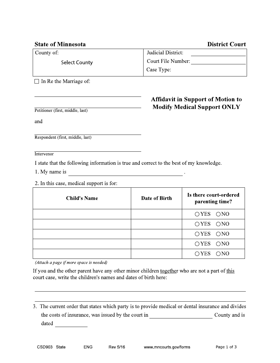 Form CSD903 Affidavit in Support of Motion to Modify Medical Support Only - Minnesota, Page 1