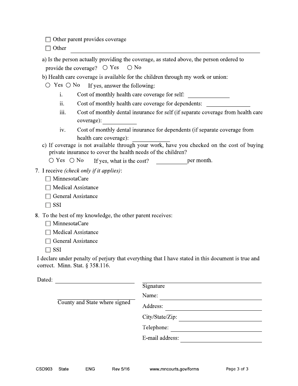 Form CSD903 Affidavit in Support of Motion to Modify Medical Support Only - Minnesota, Page 3