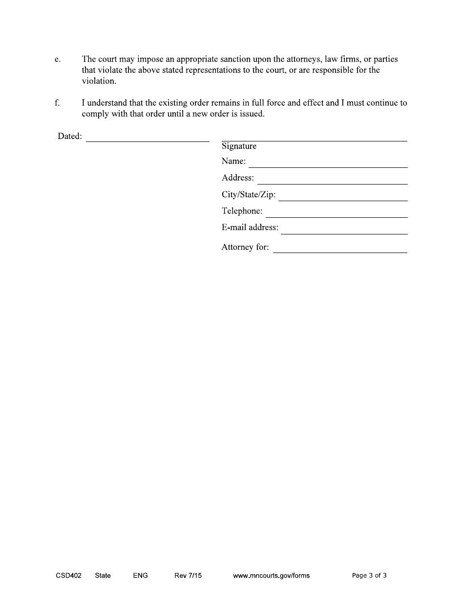 Form CSD402 Notice of Motion and Motion to Stop Cost of Living Adjustment - Minnesota, Page 3