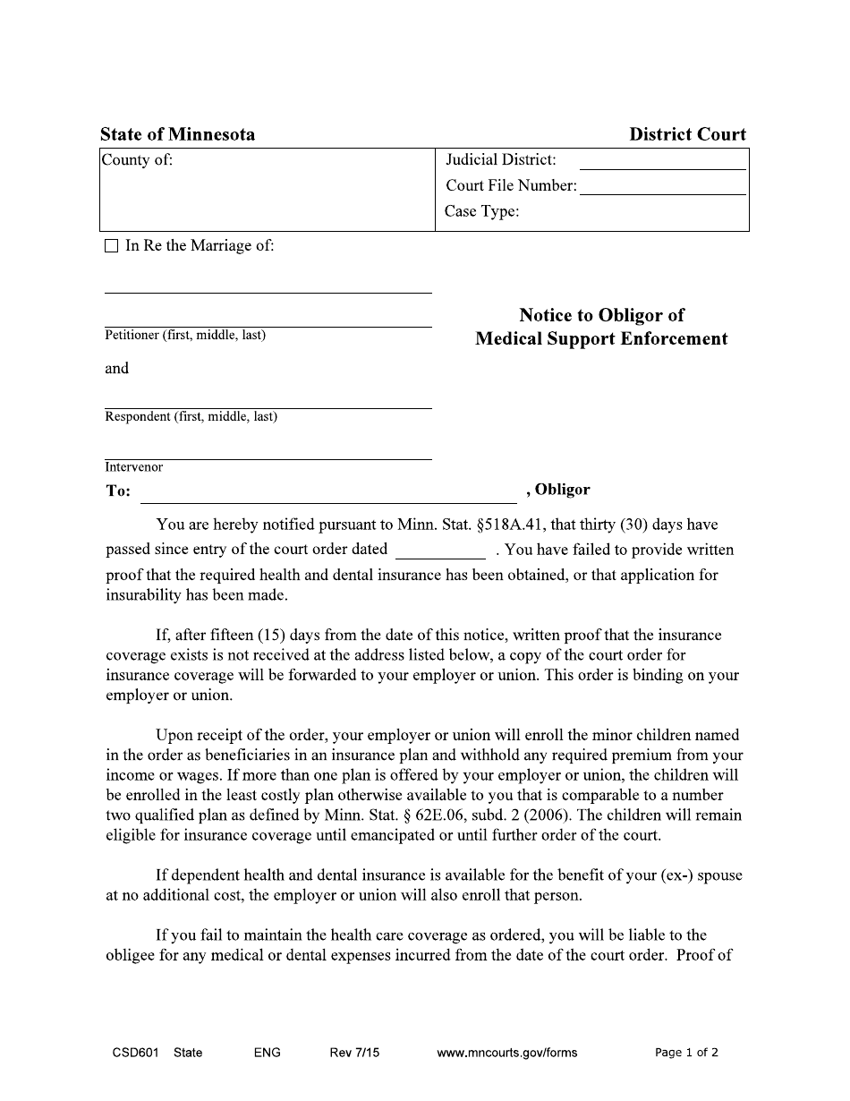 Form CSD601 Notice to Obligor of Medical Support Enforcement - Minnesota, Page 1
