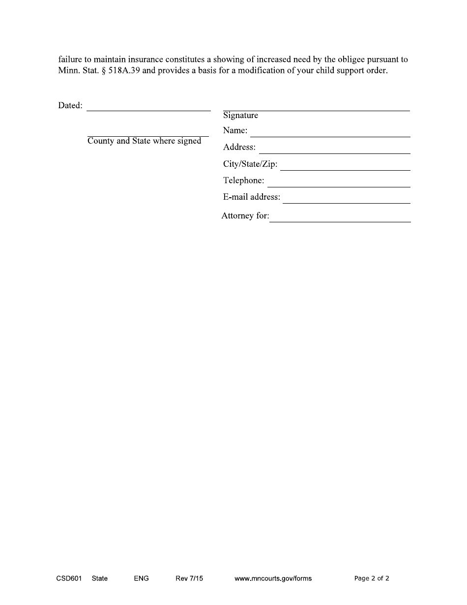 Form CSD601 Notice to Obligor of Medical Support Enforcement - Minnesota, Page 2