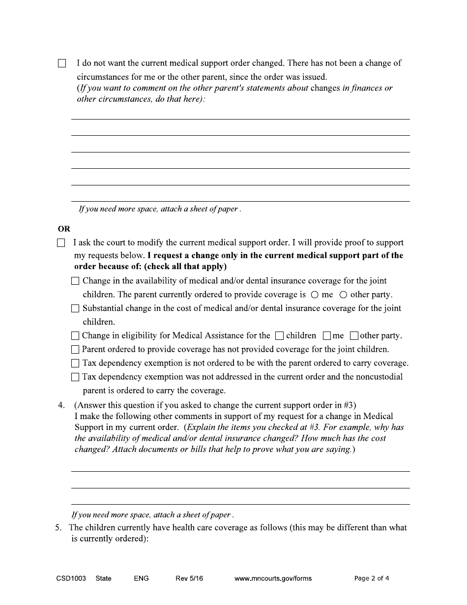 Form CSD1003 Affidavit in Support of Responsive Motion to Modify Medical Support Only - Minnesota, Page 2