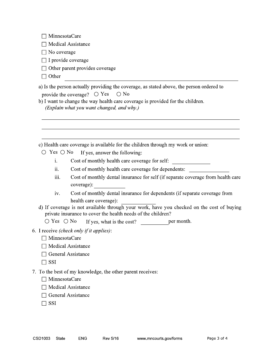 Form CSD1003 Affidavit in Support of Responsive Motion to Modify Medical Support Only - Minnesota, Page 3