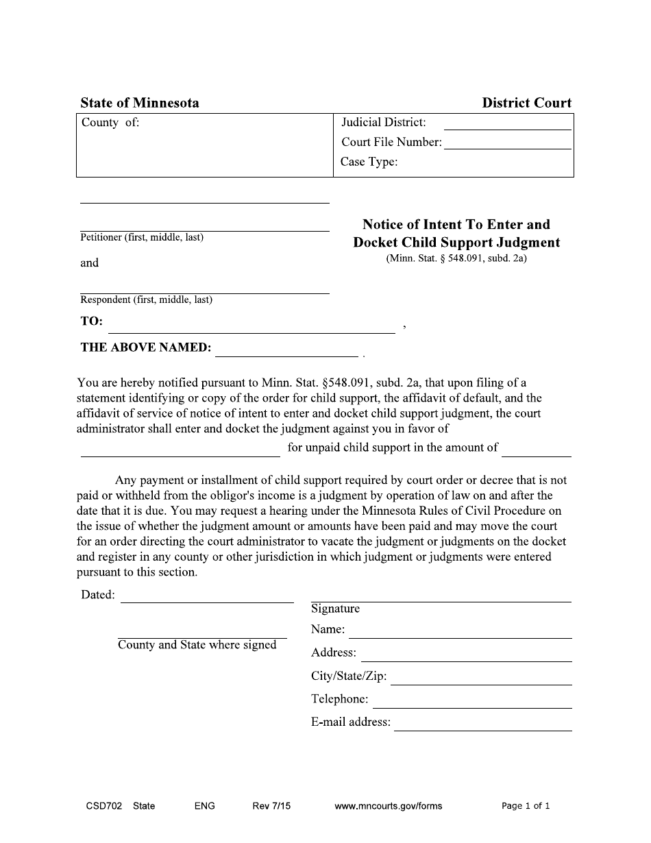 Form CSD702 Notice of Intent to Enter and Docket Child Support Judgment - Minnesota, Page 1