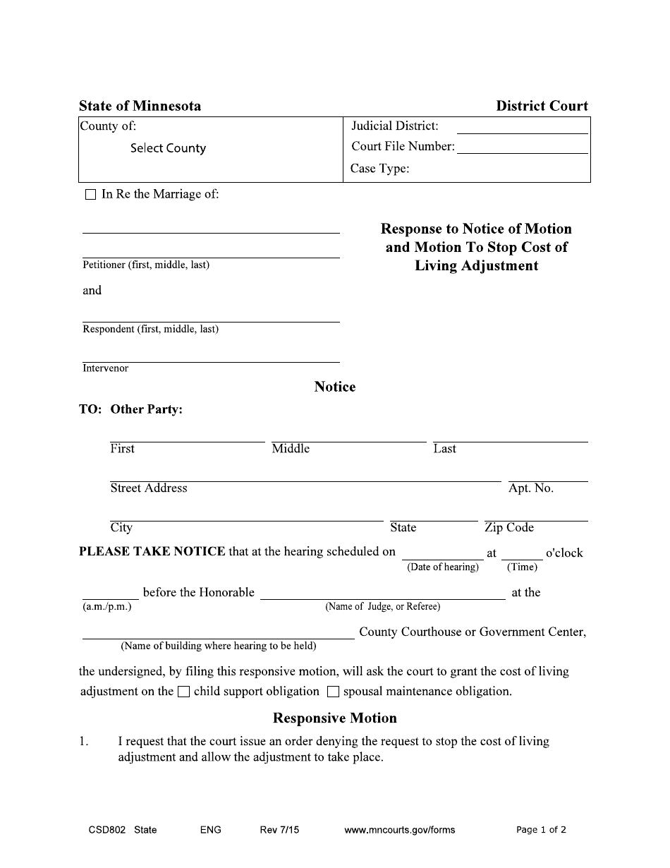 Form CSD802 Download Fillable PDF or Fill Online Response to Notice of ...