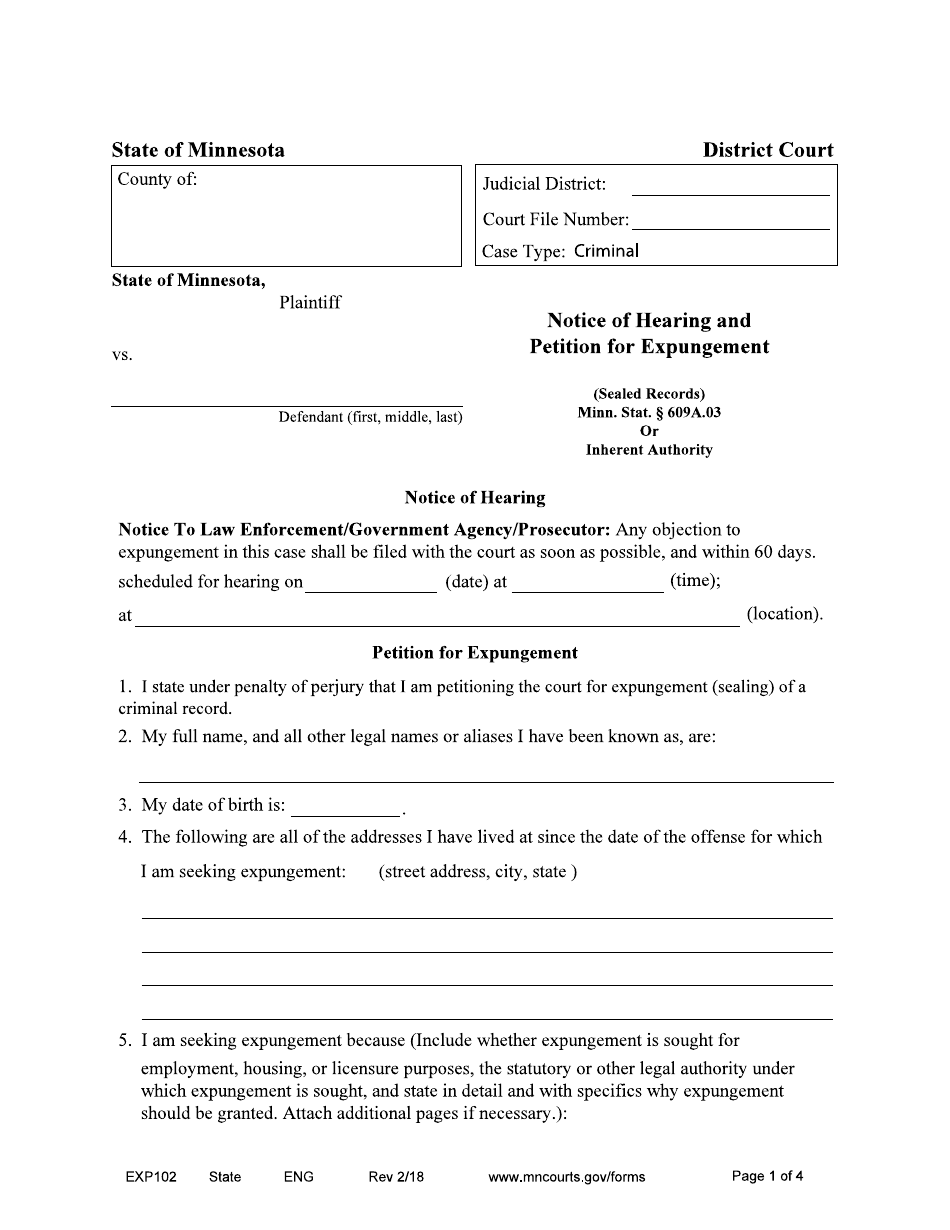 Form EXP102 Notice of Hearing and Petition for Expungement - Minnesota, Page 1