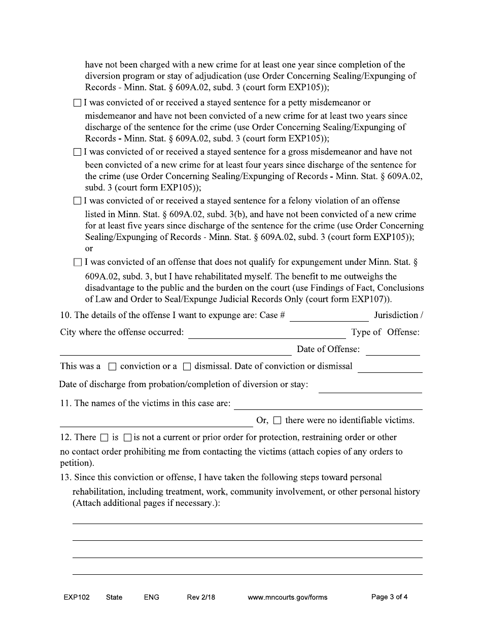 Form EXP102 Notice of Hearing and Petition for Expungement - Minnesota, Page 3