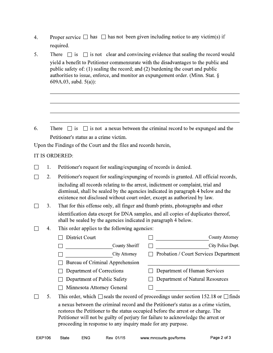Form EXP106 Order Concerning Sealing / Expunging of Records - Minnesota, Page 2