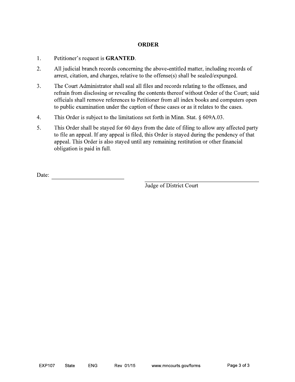 Form EXP107 Findings of Fact, Conclusions of Law and Order to Seal / Expunge Judicial Records Only - Minnesota, Page 3