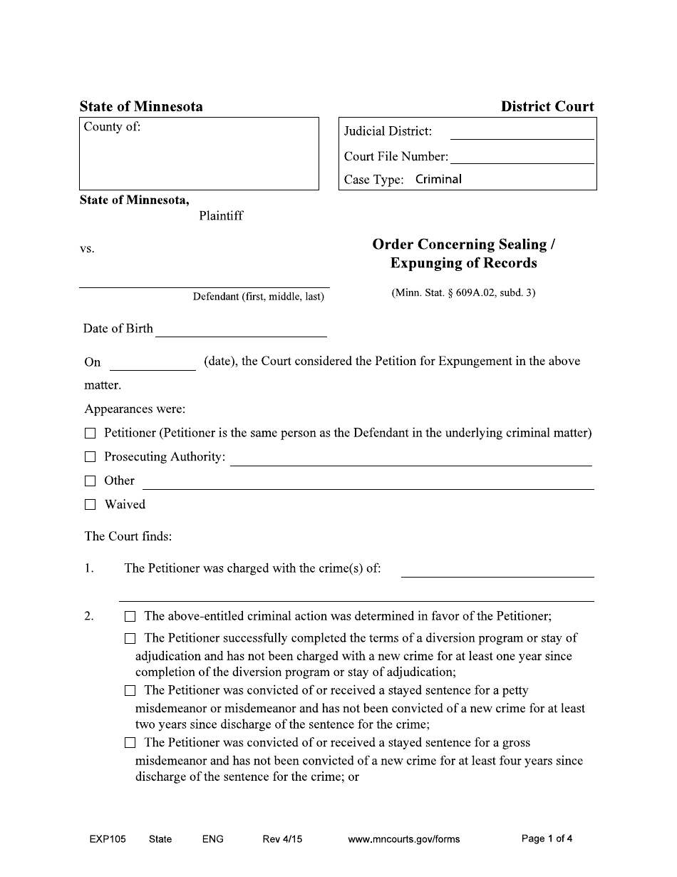 Form EXP105 Order Concerning Sealing / Expunging of Records - Minnesota, Page 1