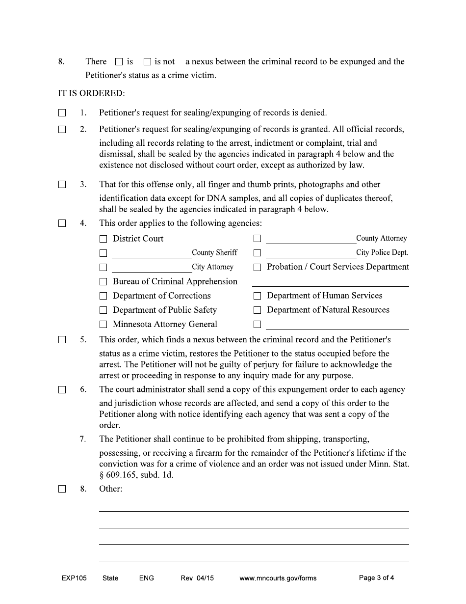 Form EXP105 Order Concerning Sealing / Expunging of Records - Minnesota, Page 3