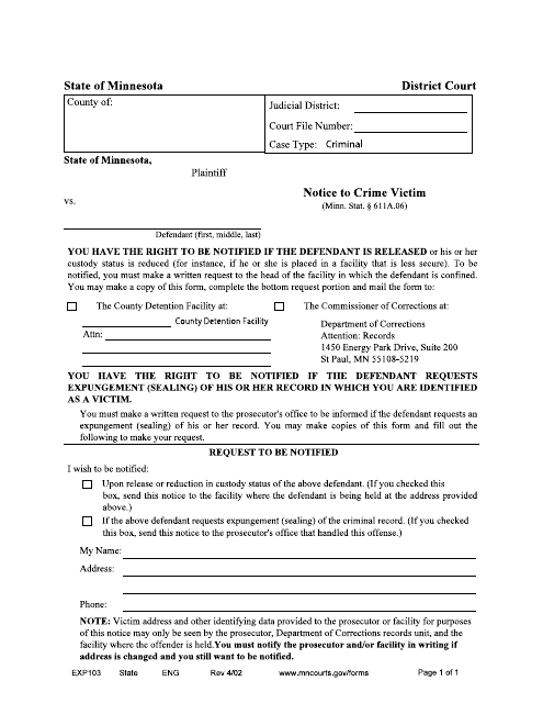 Form EXP103 Notice to Crime Victim - Minnesota