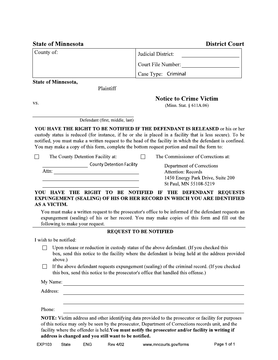 Form EXP103 Notice to Crime Victim - Minnesota, Page 1