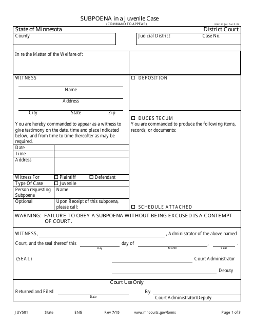 Form JUV501 Subpoena in a Juvenile Case - Minnesota