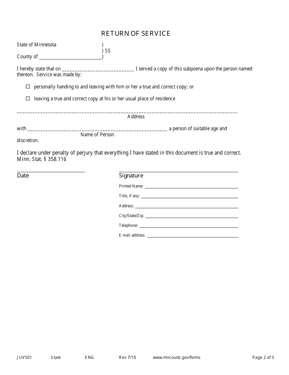 Form JUV501 Subpoena in a Juvenile Case - Minnesota, Page 2
