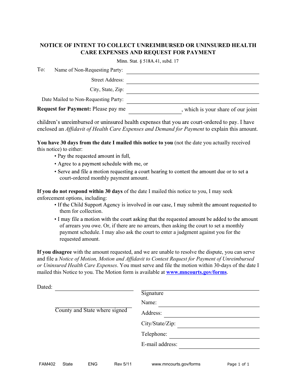 Form FAM402 Notice of Intent to Collect Unreimbursed or Uninsured Health Care Expenses and Request for Payment - Minnesota, Page 1