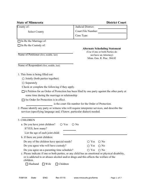 Form FAM104 Alternate Scheduling Statement - Minnesota