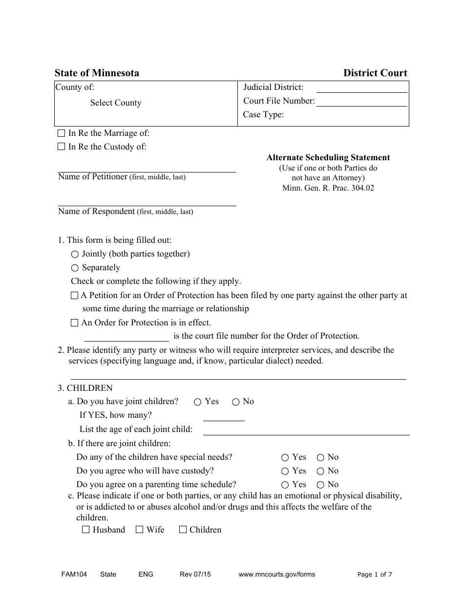 Form FAM104 Alternate Scheduling Statement - Minnesota, Page 1