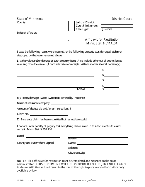 Form JUV101 Affidavit for Restitution - Minnesota