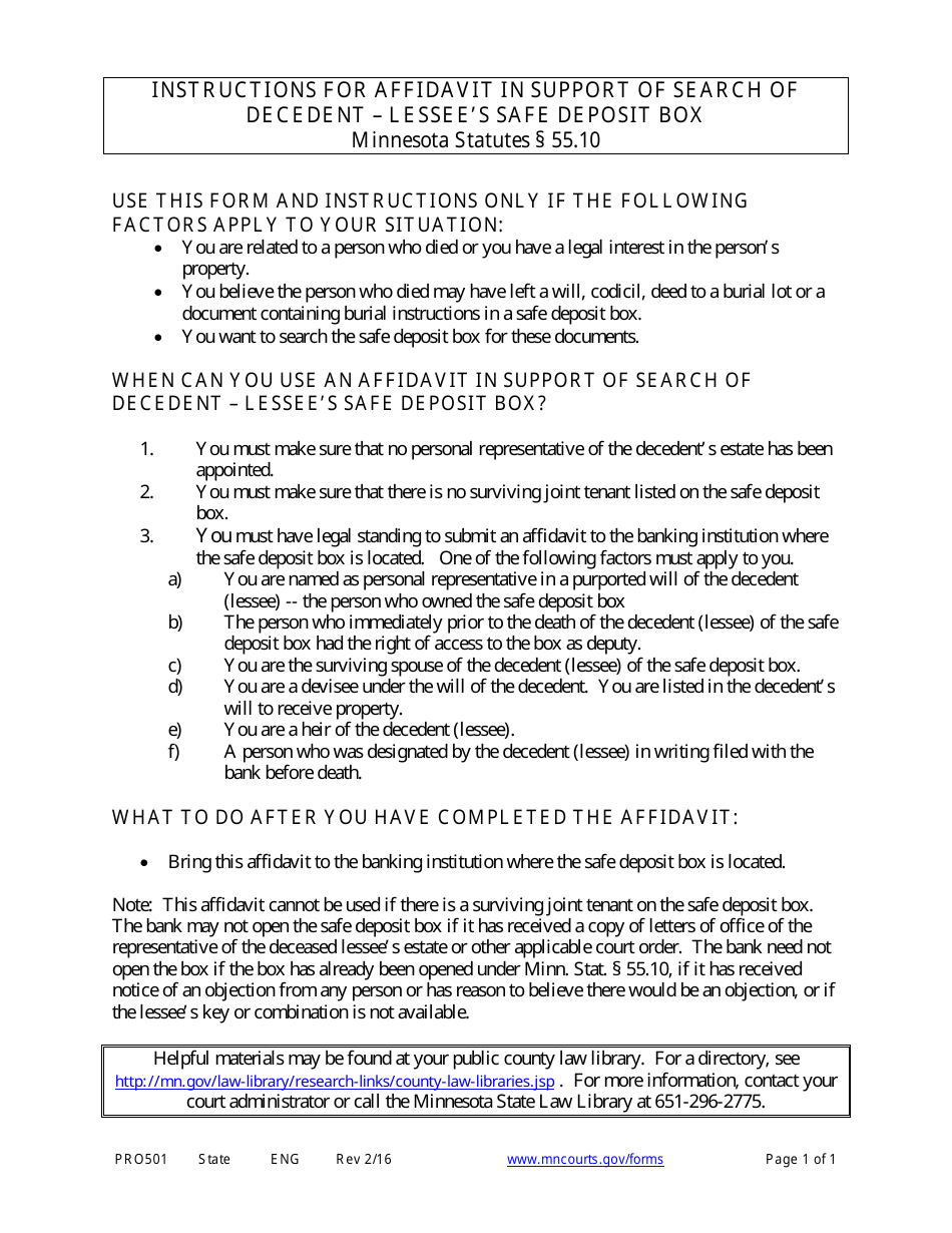 Instructions for Form PRO502 Affidavit in Support of Search of Decedent - Lessees Safe Deposit Box - Minnesota, Page 1