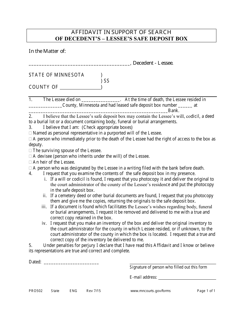 Form PRO502 Affidavit in Support of Search of Decedents - Lessees Safe Deposit Box - Minnesota, Page 1