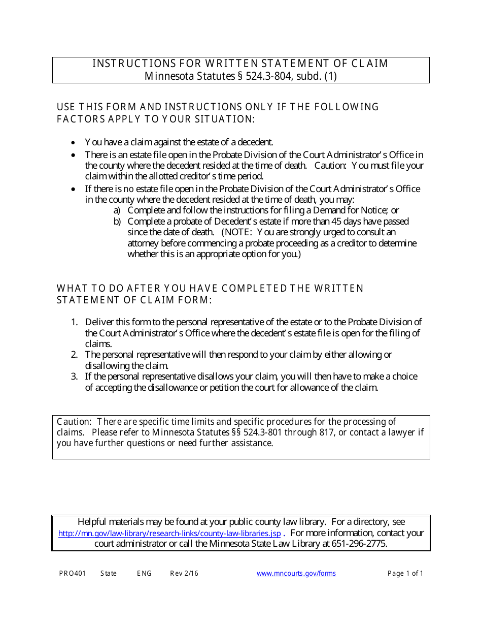 Instructions for Form PRO402 Written Statement of Claim - Minnesota, Page 1