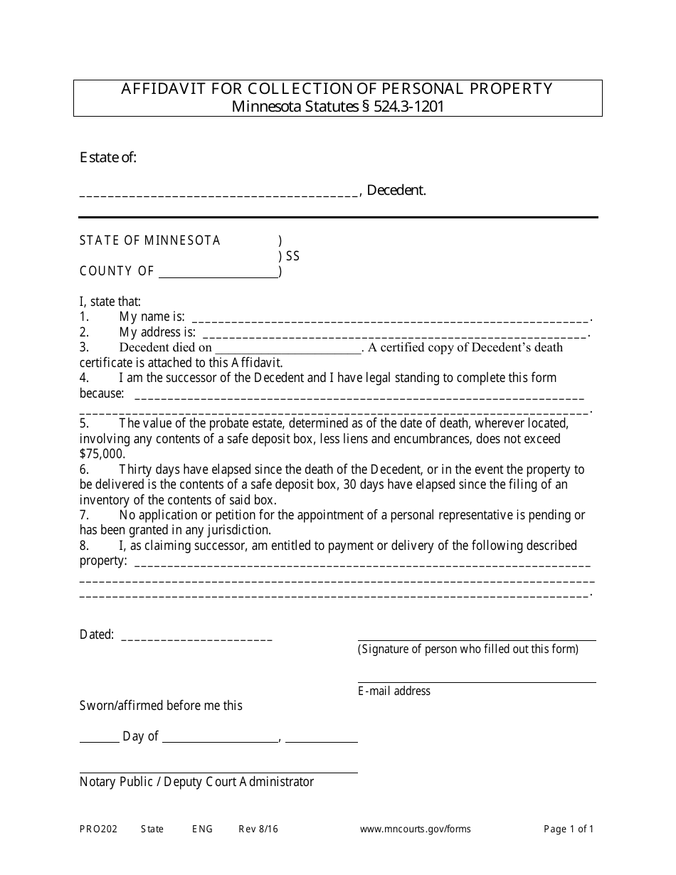 Form PRO202 Affidavit for Collection of Personal Property (Small Estate - No Real Estate) - Minnesota, Page 1