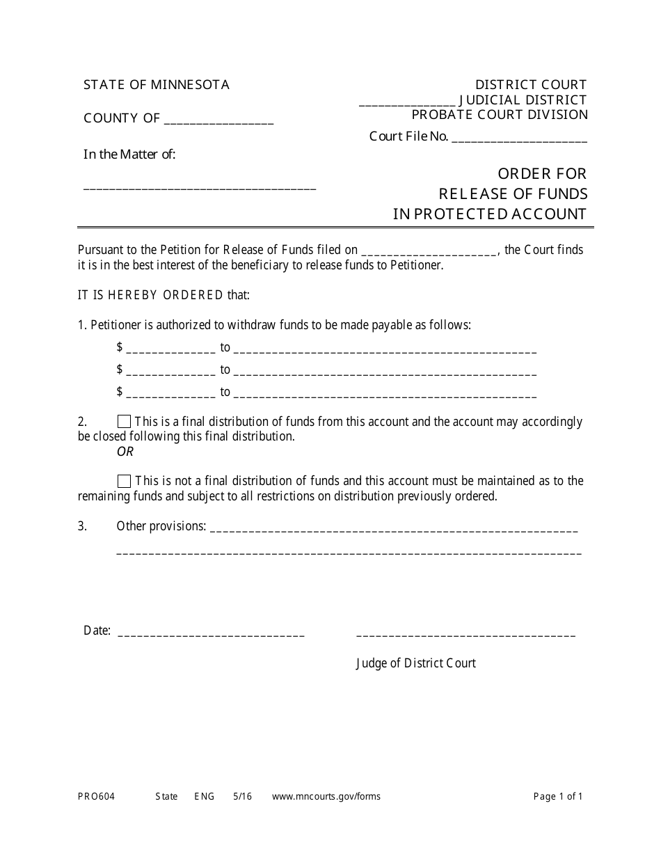 Form PRO604 Order for Release of Funds in Protected Account - Minnesota, Page 1