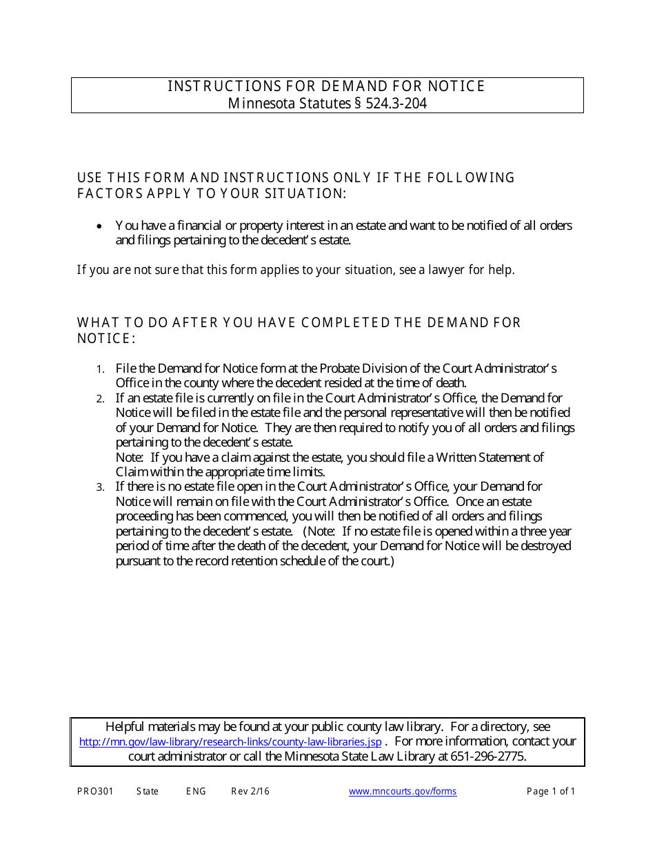 Instructions for Form PRO302 Demand for Notice - Minnesota, Page 1