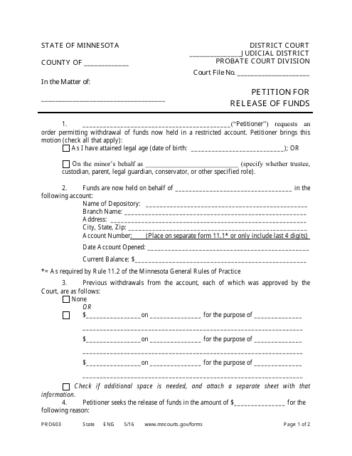 Form PRO603 Petition for Release of Funds - Minnesota