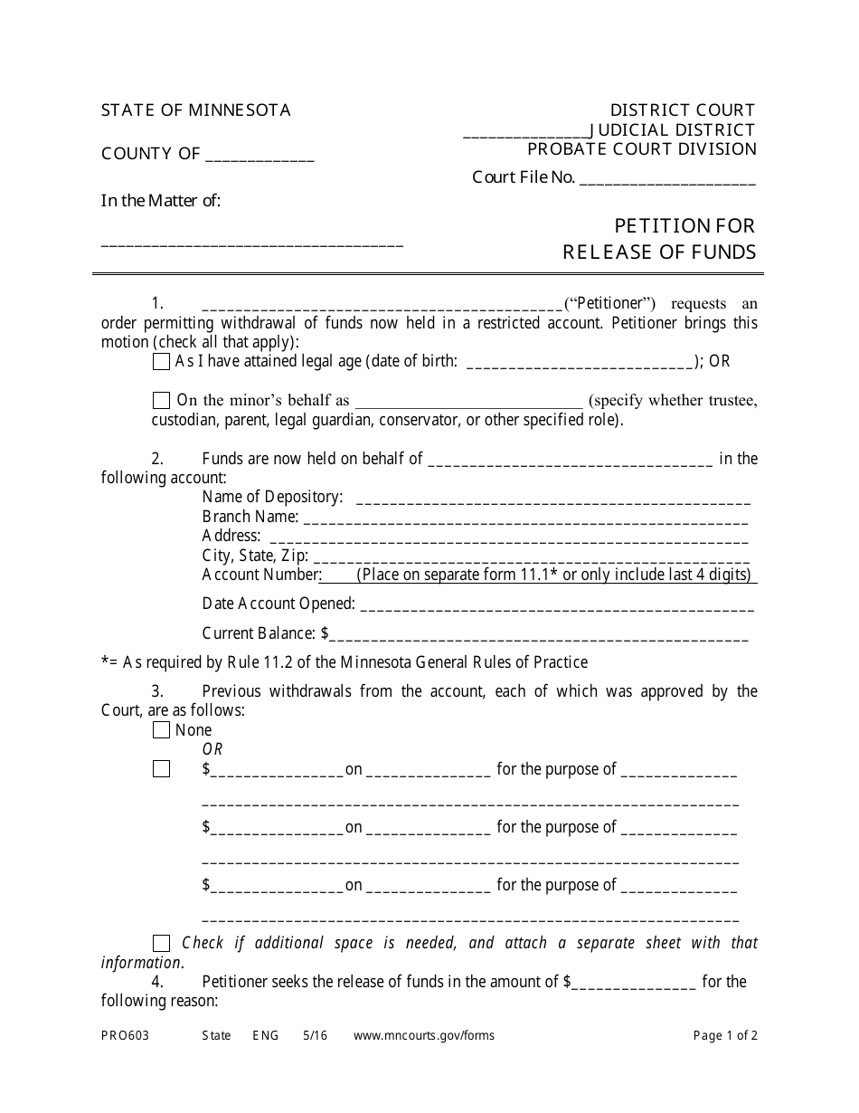 Form PRO603 Petition for Release of Funds - Minnesota, Page 1